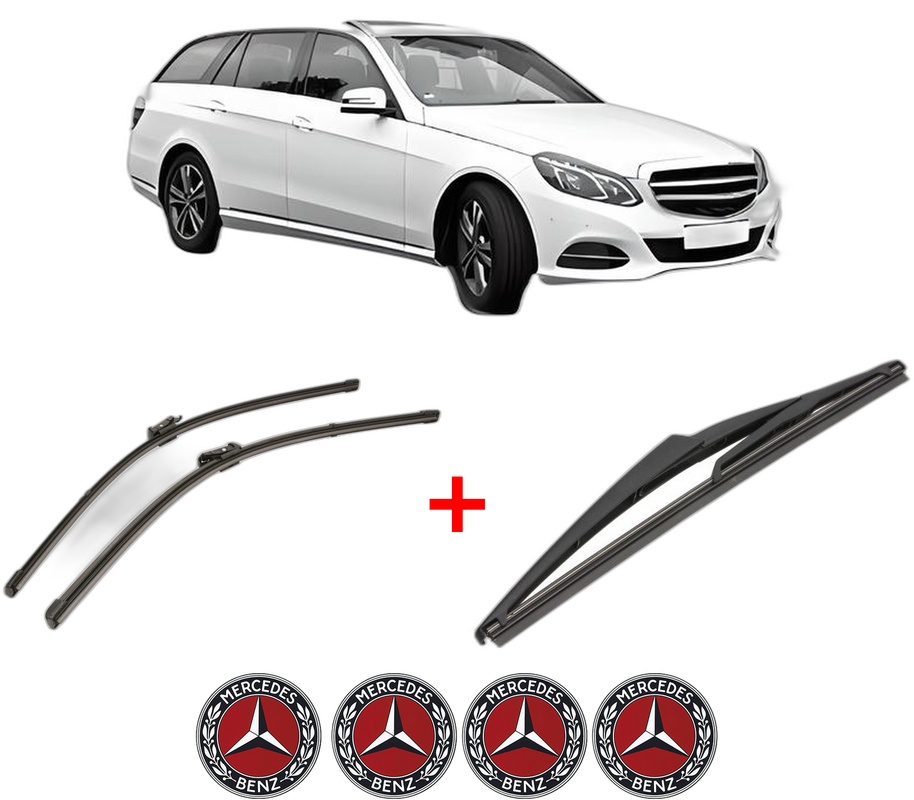 Set 3 stergatoare MERCEDES-BENZ E-CLASS T-Model (S212) din 2009 - 2016, pentru parbriz si luneta fata si spate auto, Valeo Silencio, din cauciuc siliconat rezistent, 4 Stickere Auto MERCEDES-BENZ