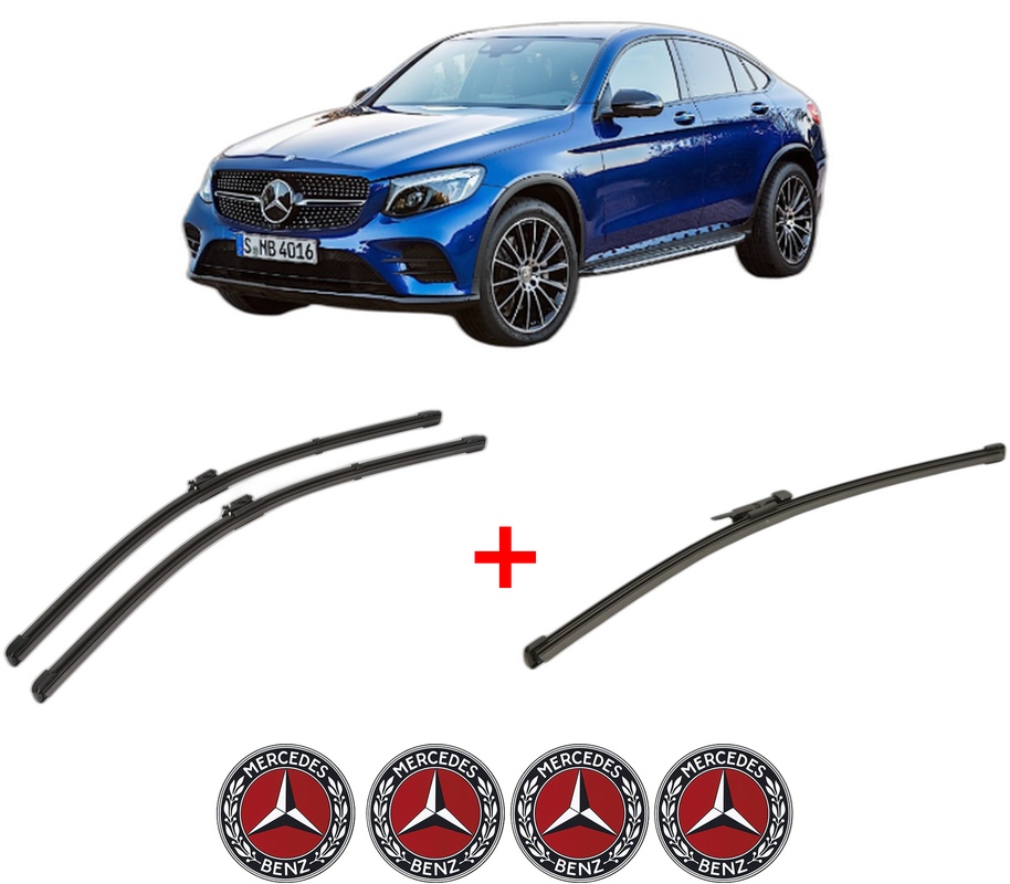 Set 3 stergatoare MERCEDES-BENZ GLC Coupe (C253) din 2016 - 2023, pentru parbriz si luneta fata si spate auto, Valeo Silencio Xtrm, din cauciuc siliconat rezistent, 4 Stickere Auto MERCEDES-BENZ