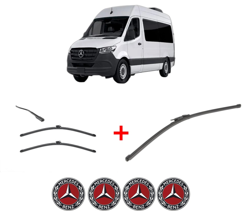 Set 3 stergatoare MERCEDES-BENZ SPRINTER 3-t Tourer Bus (B907) din 2018 - 2021, pentru parbriz si luneta fata si spate auto, Valeo Silencio Xtrm, din cauciuc siliconat rezistent, 4 Stickere Auto MERCEDES-BENZ