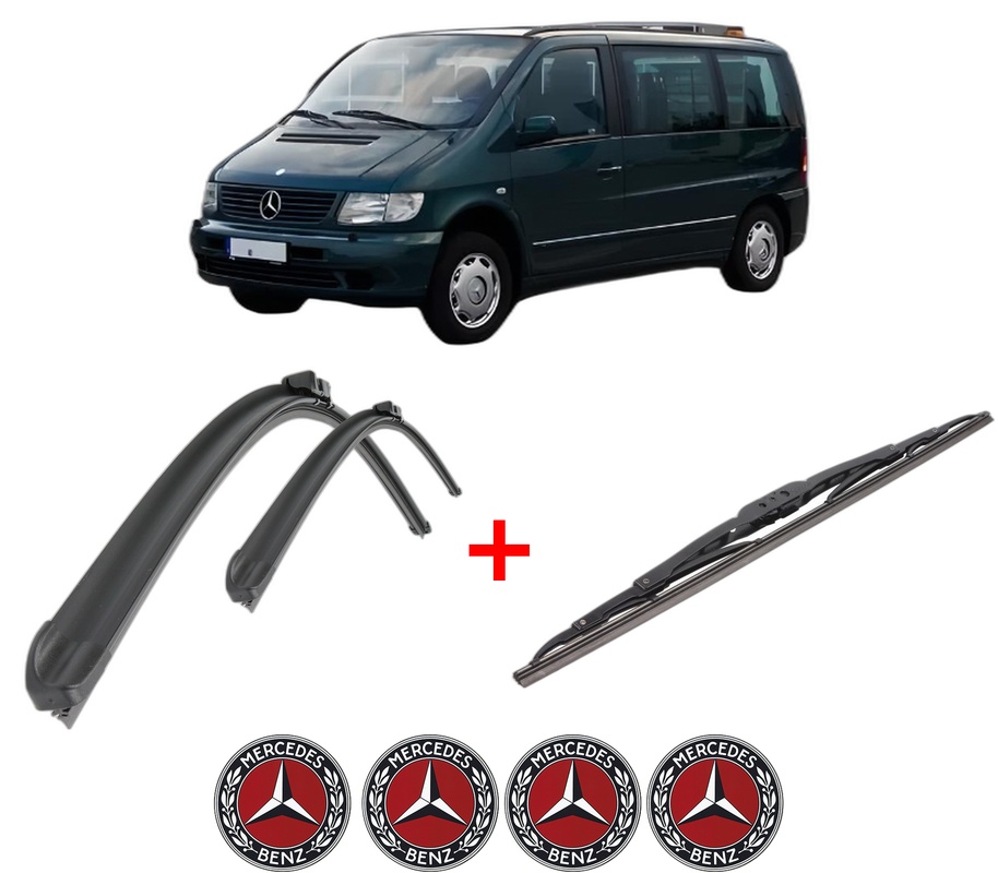 Set 3 stergatoare MERCEDES-BENZ VITO Van (W638) din 1997 - 2003, pentru parbriz si luneta fata si spate auto, Bosch Twin, din cauciuc siliconat rezistent, 4 Stickere Auto MERCEDES-BENZ