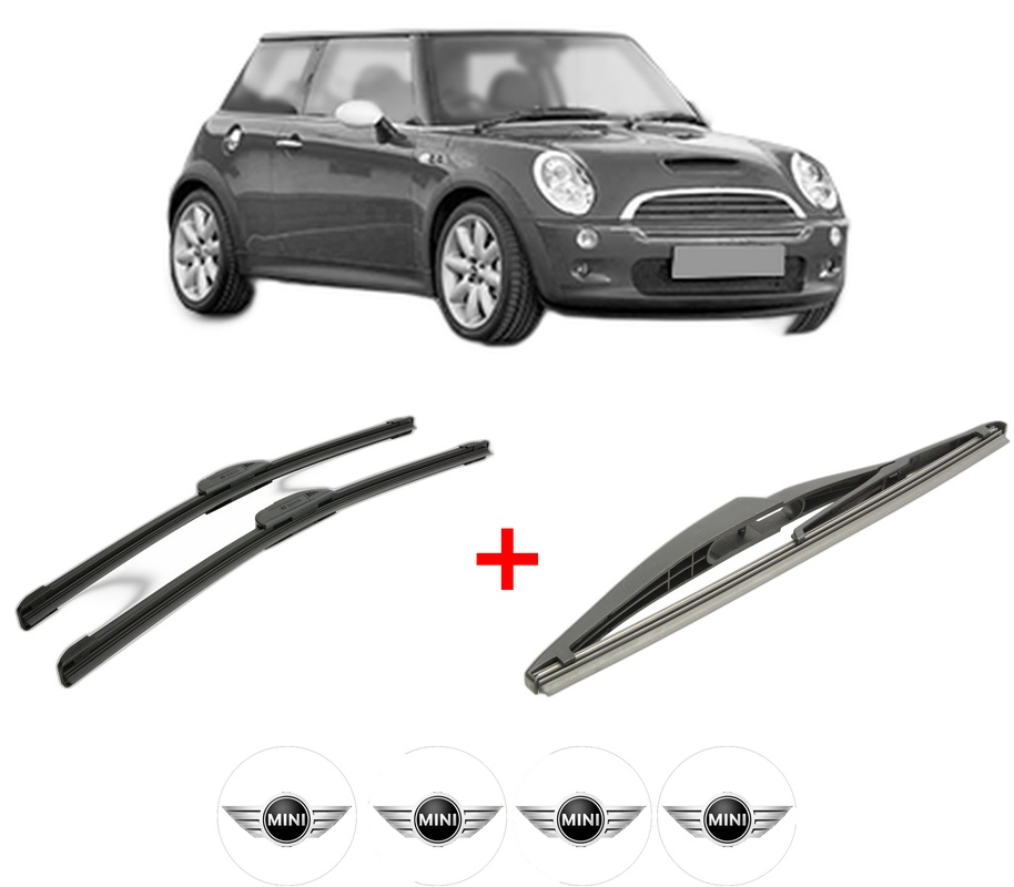 Set 3 stergatoare MINI MINI (R50, R53) din 2001 - 2006, pentru parbriz si luneta fata si spate auto, Bosch Twin, din cauciuc siliconat rezistent, 4 Stickere Auto MINI