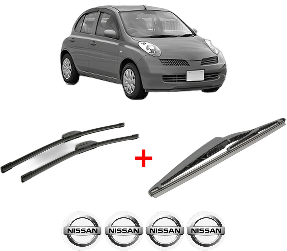 Set 3 stergatoare NISSAN MICRA III (K12) din 2002 - 2010, pentru parbriz si luneta fata si spate auto, Bosch Twin, din cauciuc siliconat rezistent, 4 Stickere Auto NISSAN
