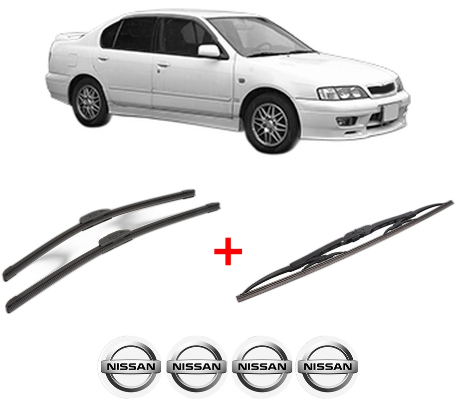 Set 3 stergatoare NISSAN PRIMERA Hatchback (P11) din 1996 - 2002, pentru parbriz si luneta fata si spate auto, Bosch Twin, din cauciuc siliconat rezistent, 4 Stickere Auto NISSAN