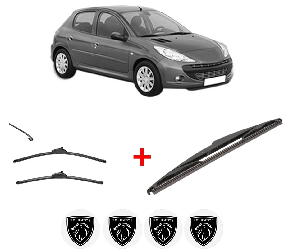 Set 3 stergatoare PEUGEOT 206+ (2L_, 2M_) din 2009 - 2013, pentru parbriz si luneta fata si spate auto, Valeo Silencio, din cauciuc siliconat rezistent, 4 Stickere Auto PEUGEOT