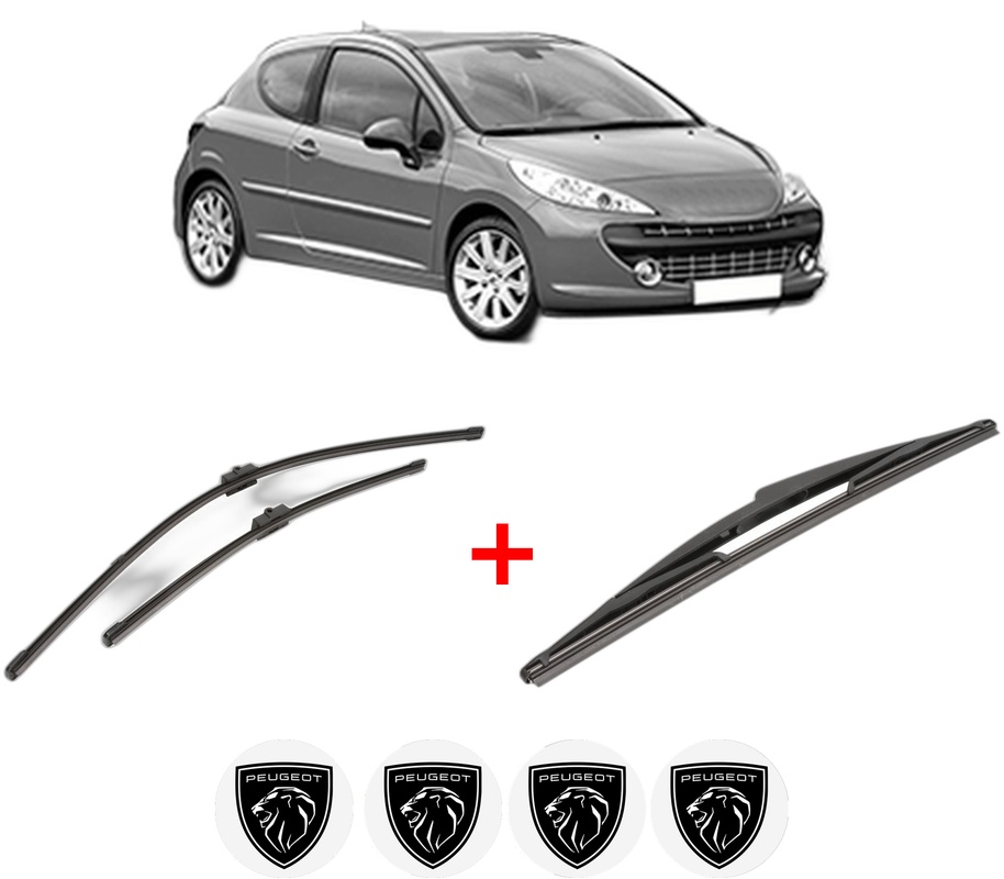 Set 3 stergatoare PEUGEOT 207 (WA_, WC_) din 2006 - 2015, pentru parbriz si luneta fata si spate auto, Valeo Silencio, din cauciuc siliconat rezistent, 4 Stickere Auto PEUGEOT
