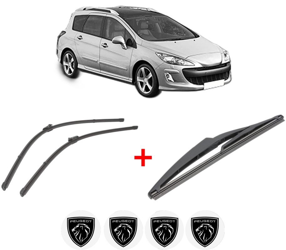 Set 3 stergatoare PEUGEOT 308 SW I (4E_, 4H_) din 2007 - 2014, pentru parbriz si luneta fata si spate auto, Valeo Silencio, din cauciuc siliconat rezistent, 4 Stickere Auto PEUGEOT