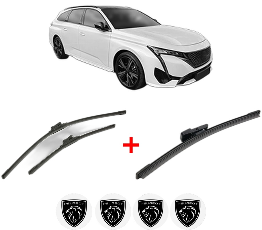 Set 3 stergatoare PEUGEOT 308 SW III (FC_, FJ_, FR_, F4_, FN_) din 2021, pentru parbriz si luneta fata si spate auto, Bosch Aerotwin, din cauciuc siliconat rezistent, 4 Stickere Auto PEUGEOT