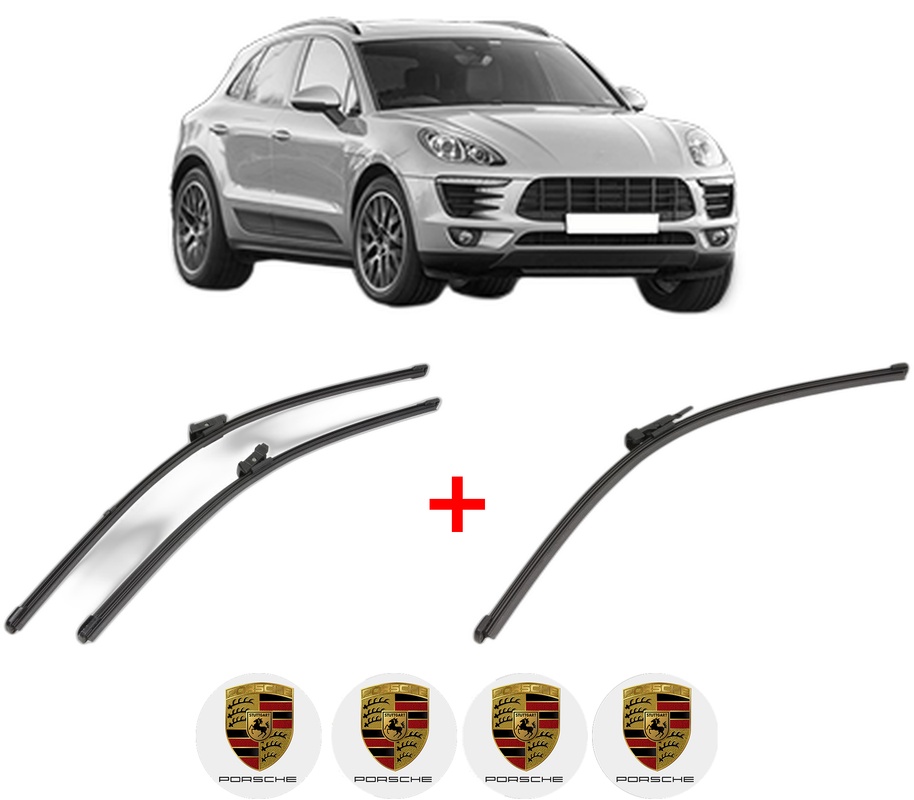 Set 3 stergatoare PORSCHE MACAN (95B) din 2014 - 2018, pentru parbriz si luneta fata si spate auto, Valeo Silencio Xtrm, din cauciuc siliconat rezistent, 4 Stickere Auto PORSCHE