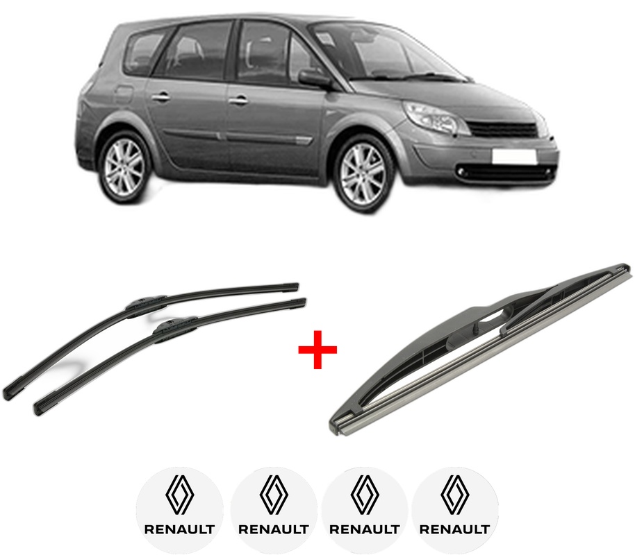 Set 3 stergatoare RENAULT GRAND SCENIC II (JM0/1_) din 2004 - 2009, pentru parbriz si luneta fata si spate auto, Bosch Twin, din cauciuc siliconat rezistent, 4 Stickere Auto RENAULT