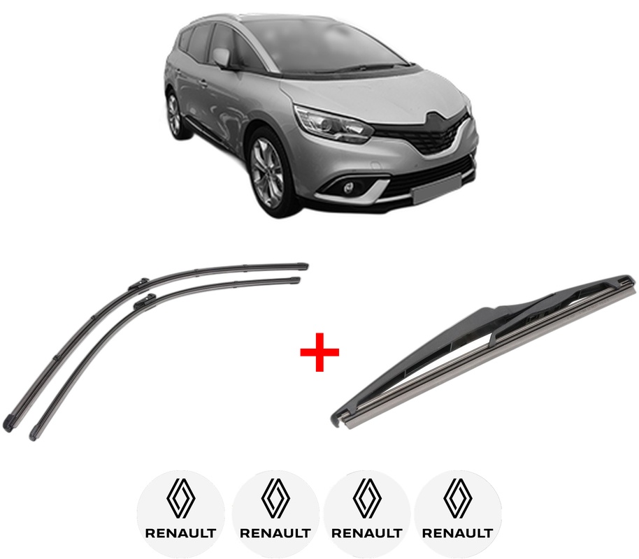 Set 3 stergatoare RENAULT GRAND SCENIC IV (R9_) din 2016 - 2023, pentru parbriz si luneta fata si spate auto, Valeo Silencio, din cauciuc siliconat rezistent, 4 Stickere Auto RENAULT