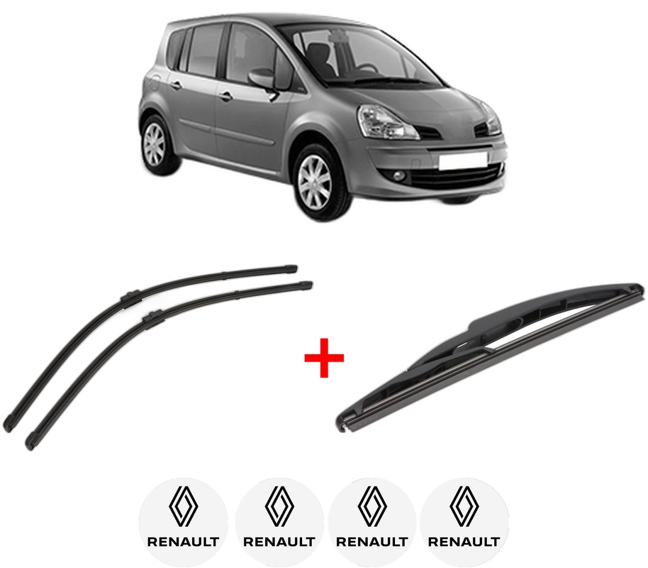 Set 3 stergatoare RENAULT MODUS / GRAND MODUS (F/JP0_) din 2004 - 2012, pentru parbriz si luneta fata si spate auto, Valeo Silencio, din cauciuc siliconat rezistent, 4 Stickere Auto RENAULT