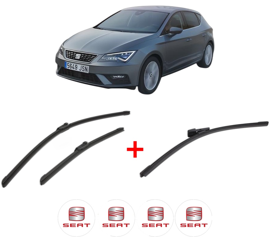 Set 3 stergatoare SEAT LEON Hatchback Van (5F1) din 2017 - 2018, pentru parbriz si luneta fata si spate auto, Bosch Aerotwin, din cauciuc siliconat rezistent, 4 Stickere Auto SEAT