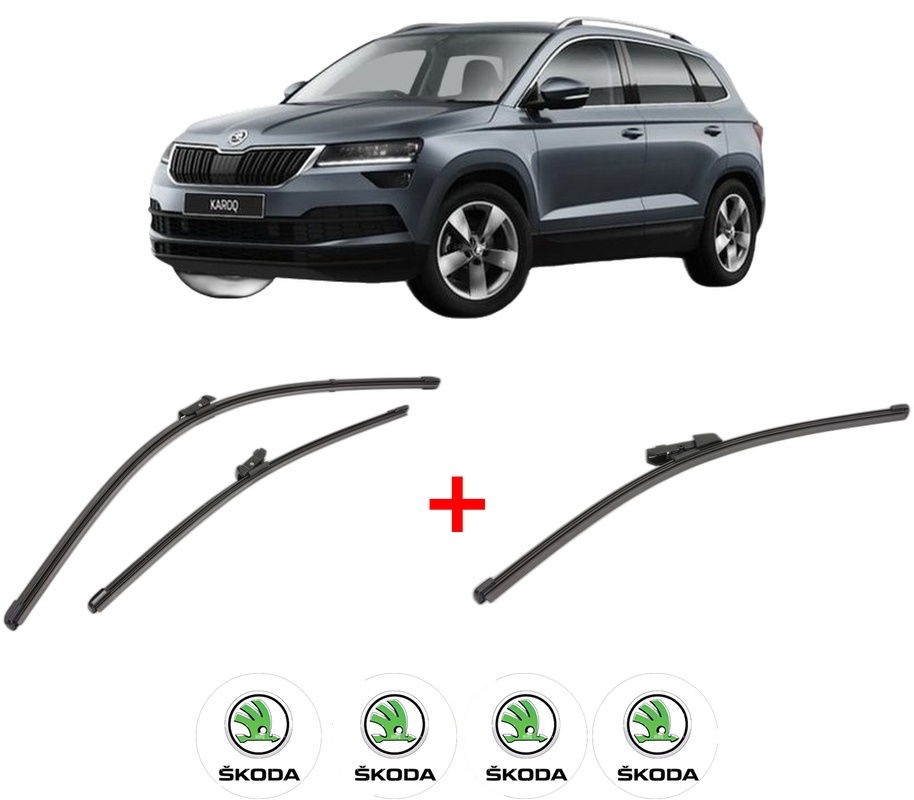 Set 3 stergatoare SKODA KAROQ (NU7, ND7) din 2017, pentru parbriz si luneta fata si spate auto, Valeo Silencio Xtrm, din cauciuc siliconat rezistent, 4 Stickere Auto SKODA
