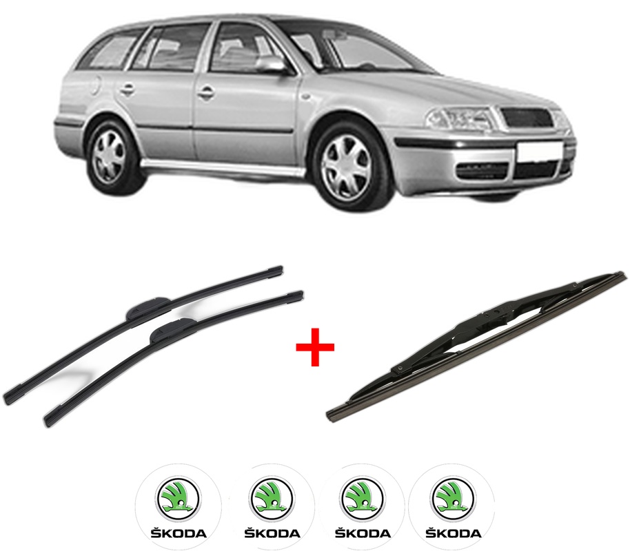 Set 3 stergatoare SKODA OCTAVIA I Combi (1U5) din 1998 - 2010, pentru parbriz si luneta fata si spate auto, Bosch Twin, din cauciuc siliconat rezistent, 4 Stickere Auto SKODA