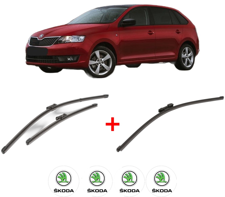 Set 3 stergatoare SKODA RAPID Spaceback (NH1) din 2012 - 2019, pentru parbriz si luneta fata si spate auto, Valeo Silencio Xtrm, din cauciuc siliconat rezistent, 4 Stickere Auto SKODA