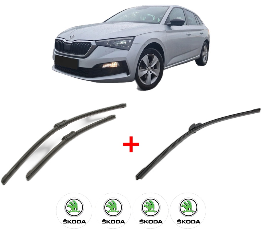 Set 3 stergatoare SKODA SCALA (NW1) din 2019, pentru parbriz si luneta fata si spate auto, Bosch Aerotwin, din cauciuc siliconat rezistent, 4 Stickere Auto SKODA