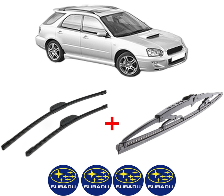 Set 3 stergatoare SUBARU IMPREZA Estate (GG) din 2000 - 2008, pentru parbriz si luneta fata si spate auto, Bosch Twin, din cauciuc siliconat rezistent, 4 Stickere Auto SUBARU