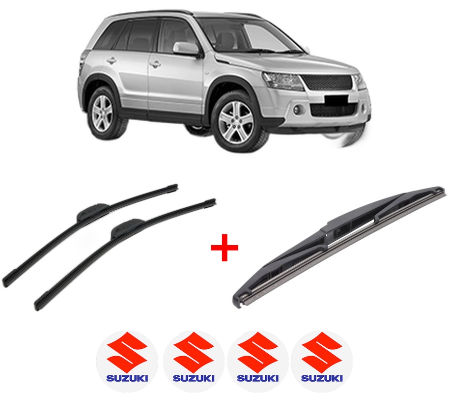Set 3 stergatoare SUZUKI GRAND VITARA II (JT, TE, TD) din 2005 - 2015, pentru parbriz si luneta fata si spate auto, Bosch Twin, din cauciuc siliconat rezistent, 4 Stickere Auto SUZUKI