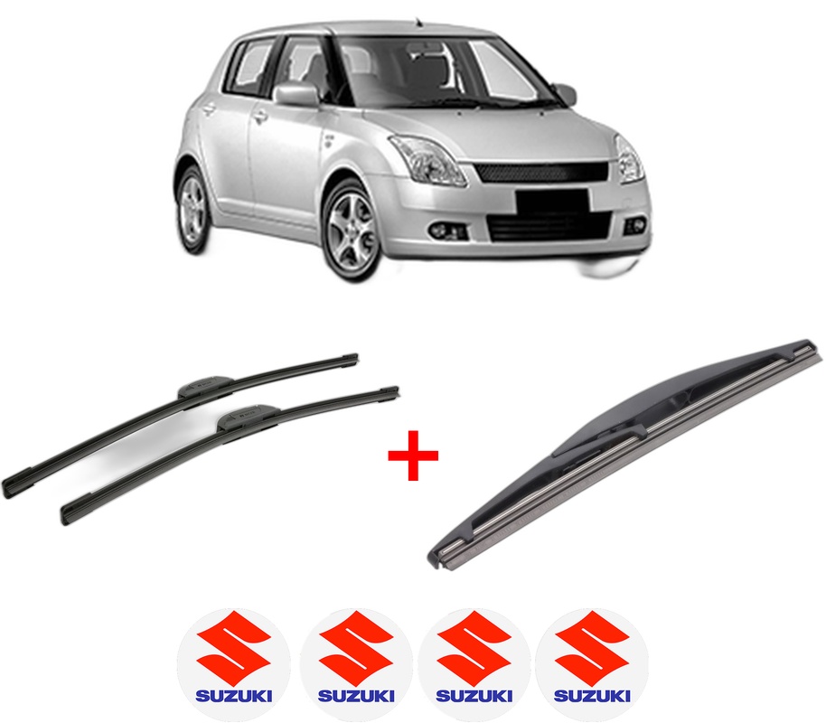 Set 3 stergatoare SUZUKI SWIFT III (MZ, EZ) din 2005 - 2015, pentru parbriz si luneta fata si spate auto, Bosch Twin, din cauciuc siliconat rezistent, 4 Stickere Auto SUZUKI
