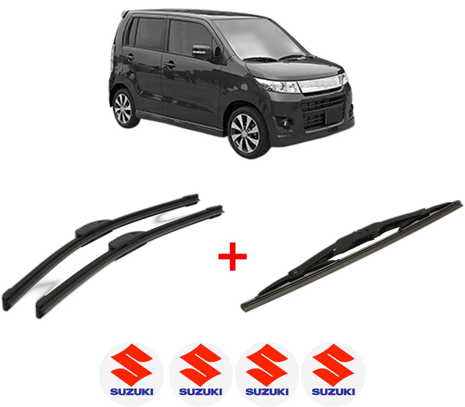 Set 3 stergatoare SUZUKI WAGON R (MH21, MH22) din 2003 - 2005, pentru parbriz si luneta fata si spate auto, Bosch Twin, din cauciuc siliconat rezistent, 4 Stickere Auto SUZUKI