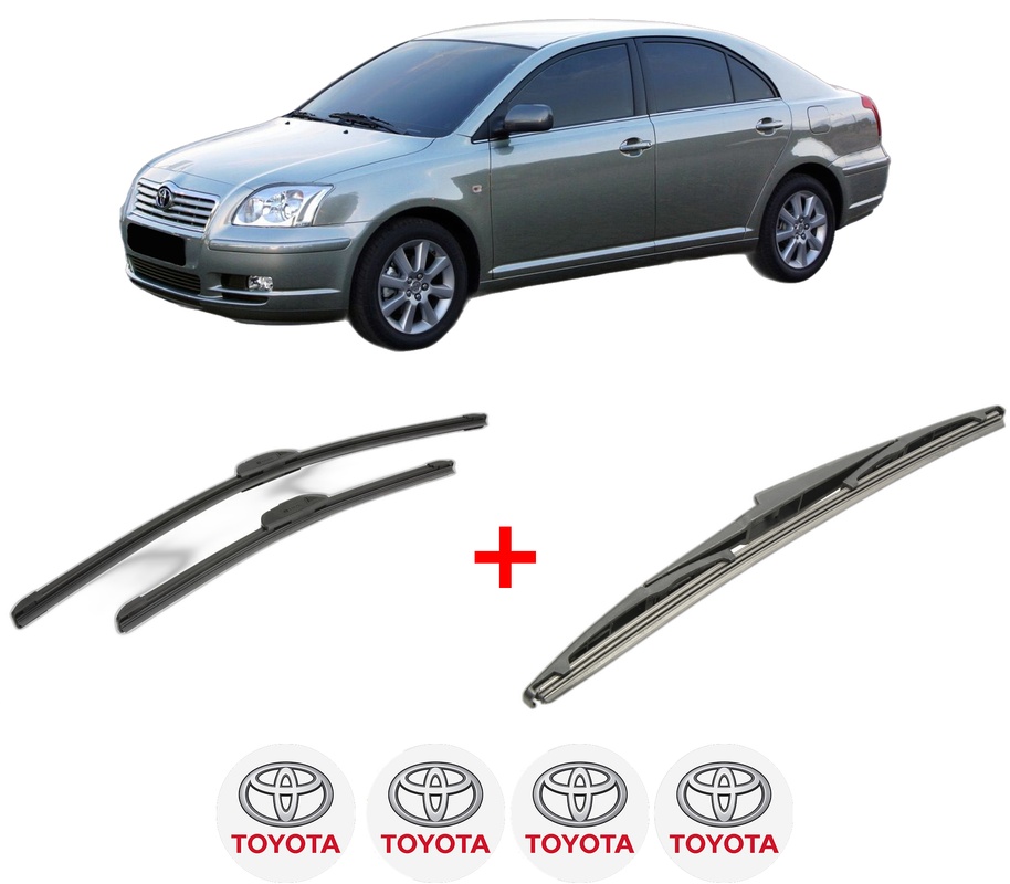 Set 3 stergatoare TOYOTA AVENSIS (_T25_) din 2003 - 2008, pentru parbriz si luneta fata si spate auto, Bosch Twin, din cauciuc siliconat rezistent, 4 Stickere Auto TOYOTA