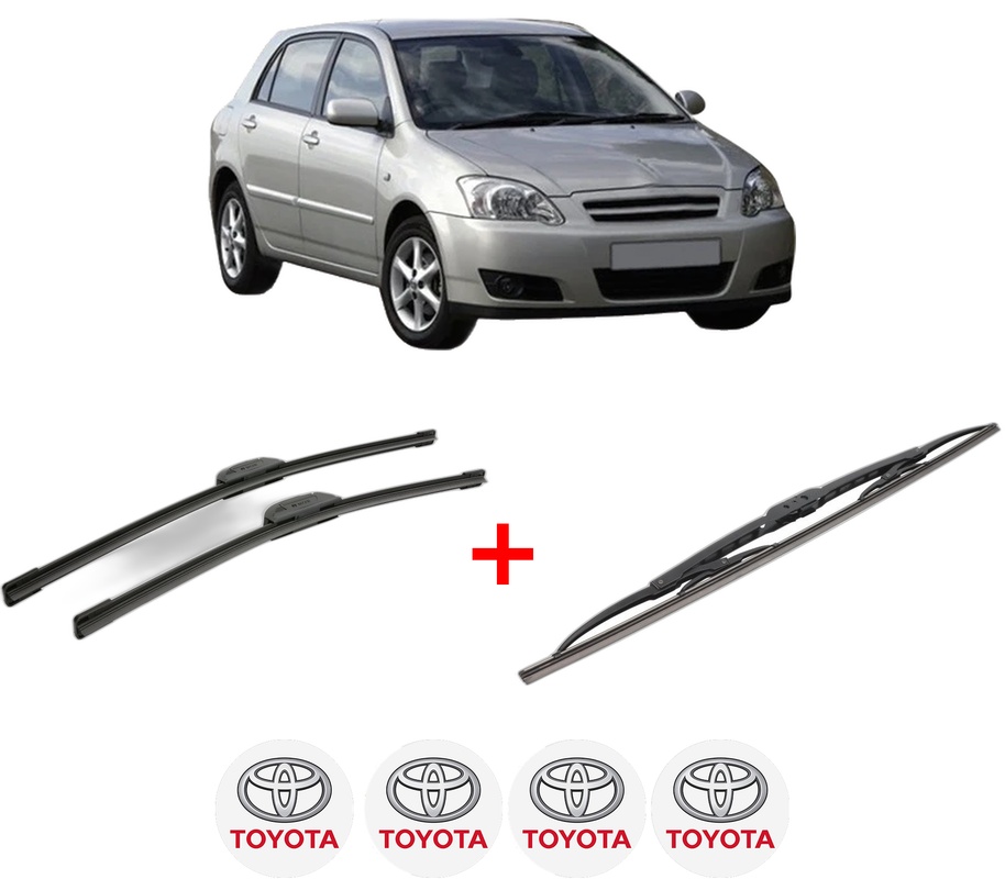 Set 3 stergatoare TOYOTA COROLLA (_E12_) din 2001 - 2007, pentru parbriz si luneta fata si spate auto, Bosch Twin, din cauciuc siliconat rezistent, 4 Stickere Auto TOYOTA