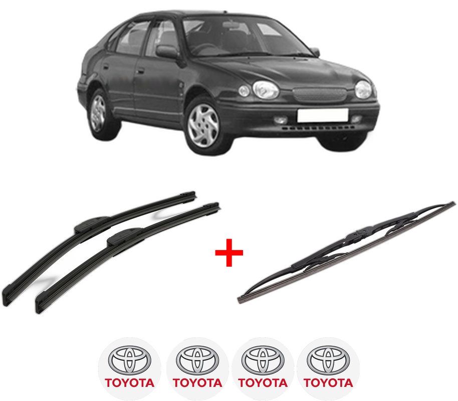 Set 3 stergatoare TOYOTA COROLLA Liftback (_E11_) din 1997 - 2002, pentru parbriz si luneta fata si spate auto, Bosch Twin, din cauciuc siliconat rezistent, 4 Stickere Auto TOYOTA
