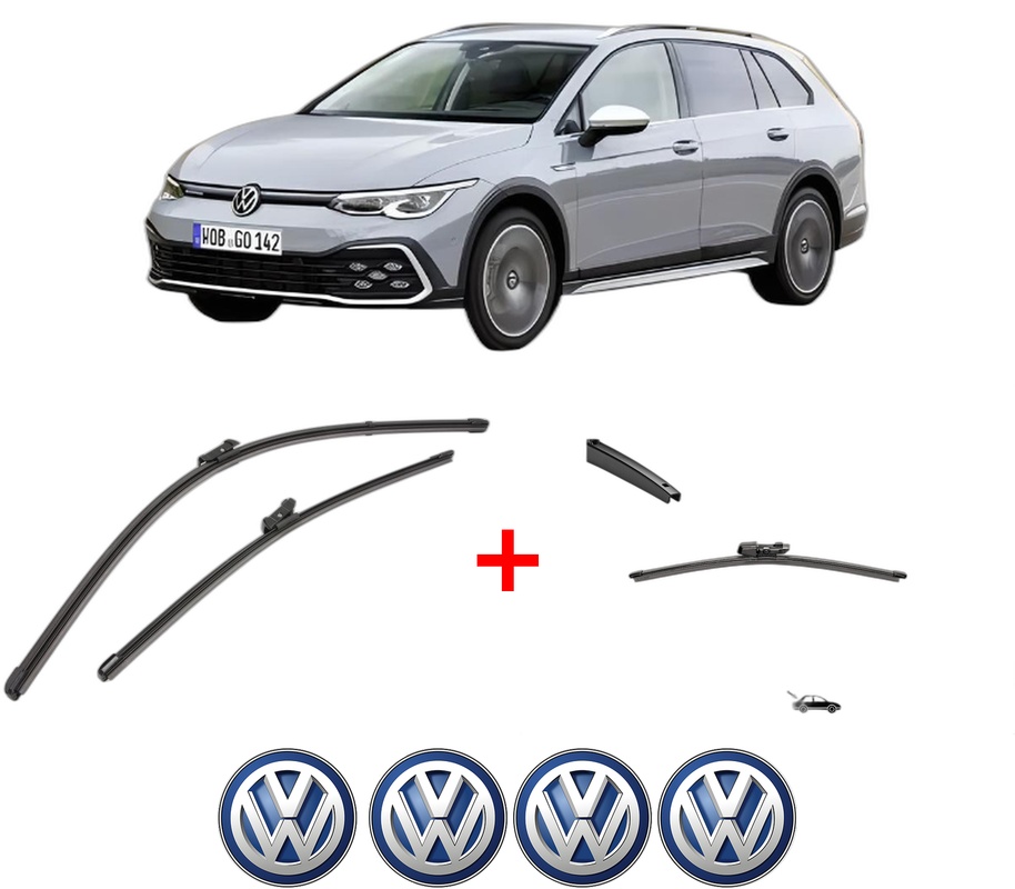 Set 3 stergatoare Volkswagen GOLF ALLTRACK VIII (CG5) din 2020 - 2024, pentru parbriz si luneta fata si spate auto, Valeo Silencio, din cauciuc siliconat rezistent, 4 Stickere Auto VW