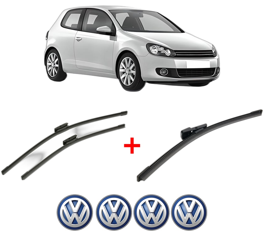 Set 3 stergatoare Volkswagen GOLF VI (5K1) din 2008 - 2013, pentru parbriz si luneta fata si spate auto, Bosch Aerotwin, din cauciuc siliconat rezistent, 4 Stickere Auto VW