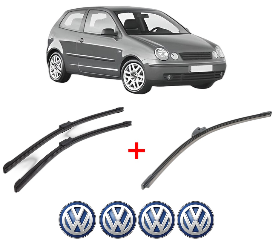 Set 3 stergatoare Volkswagen POLO IV (9N_, 9A_) din 2001 - 2009, pentru parbriz si luneta fata si spate auto, Bosch Aerotwin, din cauciuc siliconat rezistent, 4 Stickere Auto VW