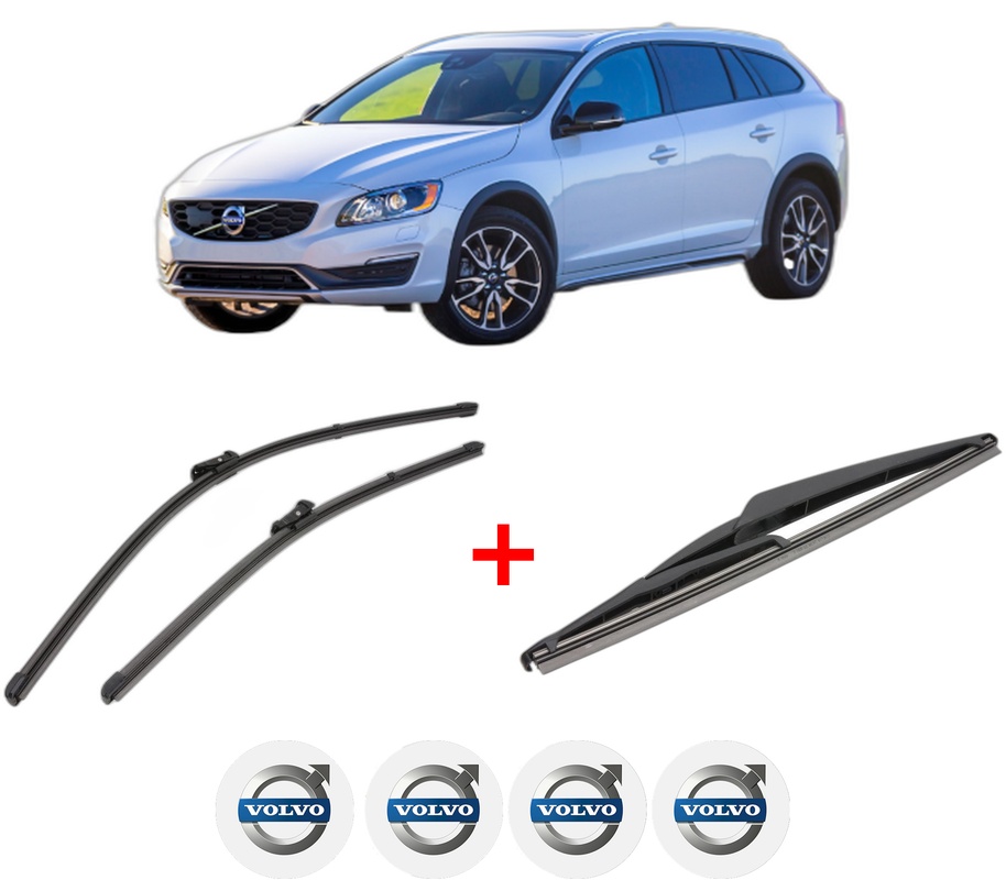 Set 3 stergatoare VOLVO V60 I Cross Country (157) din 2015 - 2018, pentru parbriz si luneta fata si spate auto, Valeo Silencio, din cauciuc siliconat rezistent, 4 Stickere Auto VOLVO