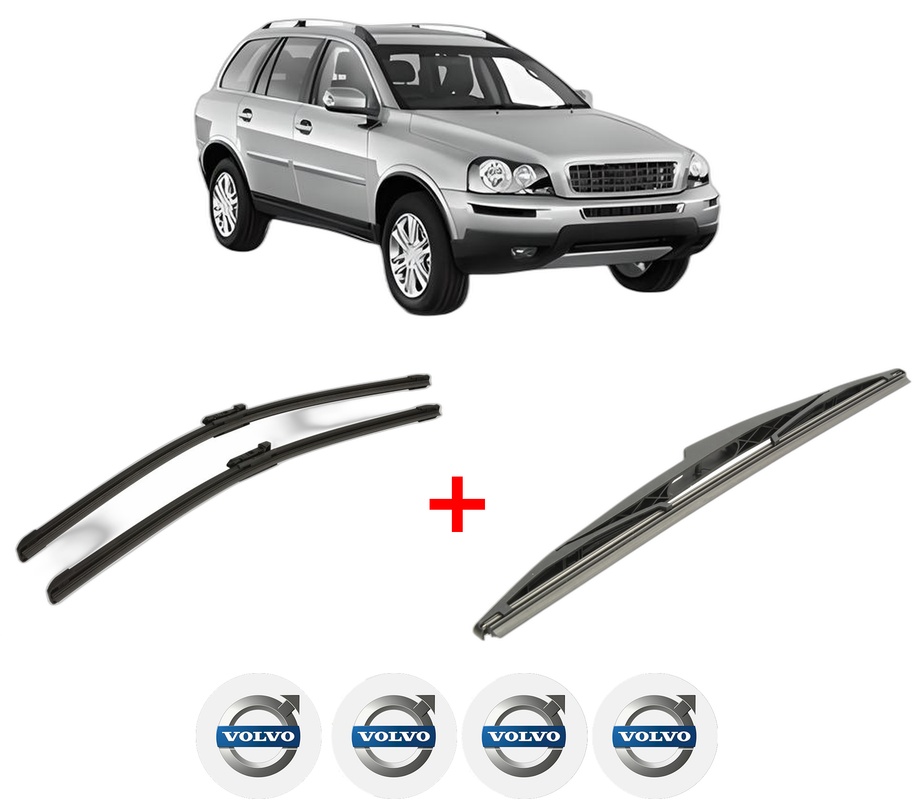 Set 3 stergatoare VOLVO XC90 I (275) din 2002 - 2014, pentru parbriz si luneta fata si spate auto, Bosch Twin, din cauciuc siliconat rezistent, 4 Stickere Auto VOLVO