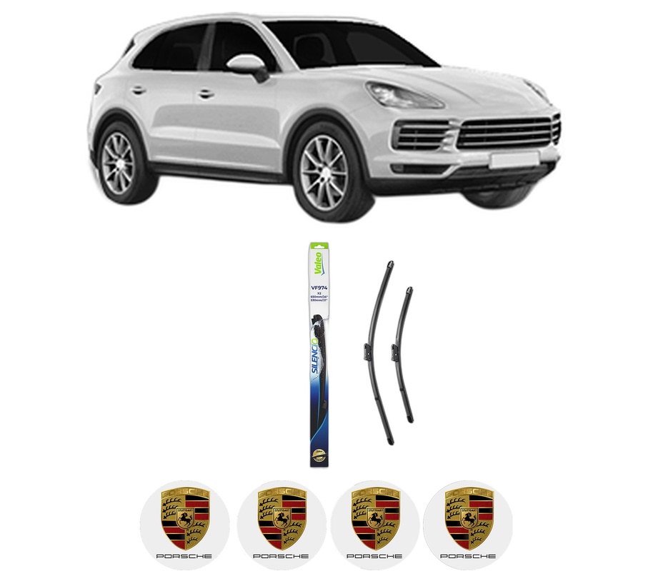 Set stergatoare auto PORSCHE CAYENNE (9YA) din 2017-2021, pentru parbriz auto, 2 bucati, Valeo Silencio, din cauciuc siliconat rezistent, 4 Stickere Auto PORSCHE