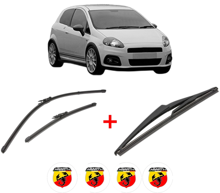 Set 3 stergatoare ABARTH GRANDE PUNTO din 2005 - 2015, pentru parbriz si luneta fata si spate auto, Valeo Silencio, din cauciuc siliconat rezistent, 4 Stickere Auto ABARTH