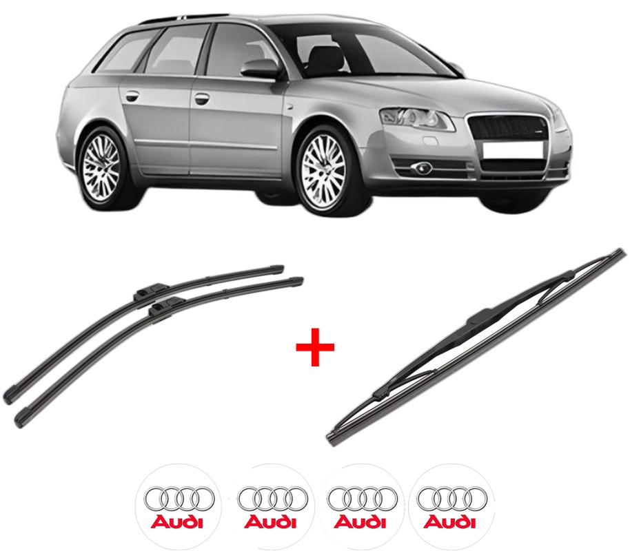 Set 3 stergatoare AUDI A4 B7 Avant (8ED) din 2004 - 2008, pentru parbriz si luneta fata si spate auto, Valeo Silencio, din cauciuc siliconat rezistent, 4 Stickere Auto AUDI