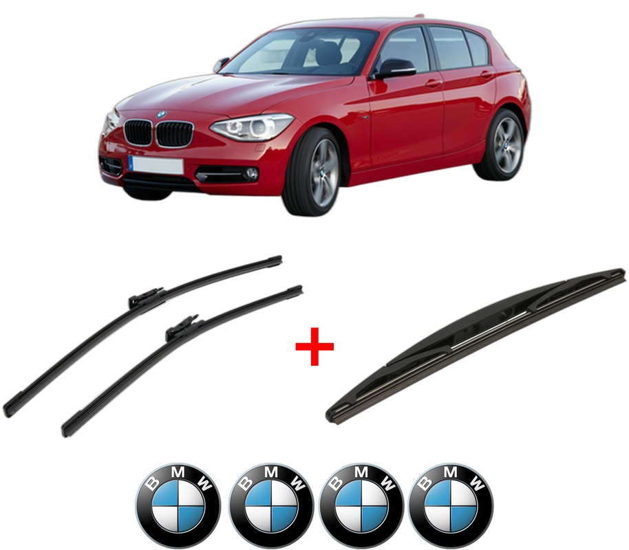 Set 3 stergatoare BMW Seria 1 Van (F20) din 2015 - 2019, pentru parbriz si luneta fata si spate auto, Bosch Twin, din cauciuc siliconat rezistent, 4 Stickere Auto BMW
