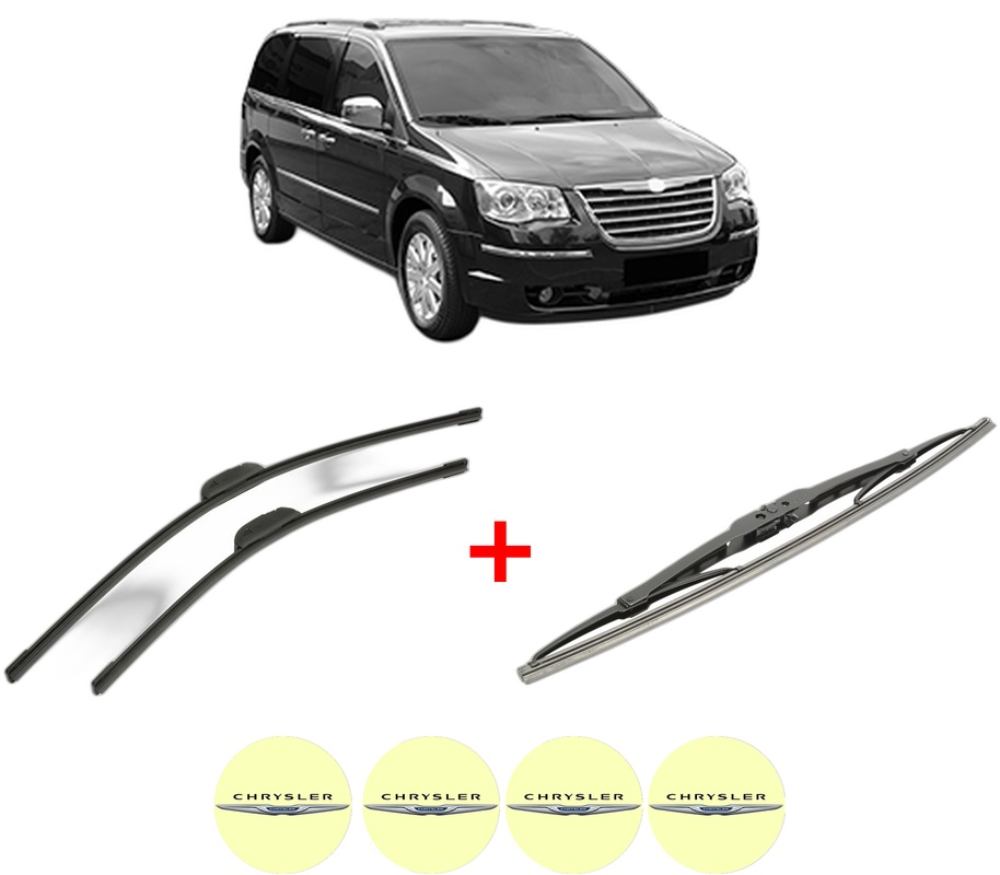 Set 3 stergatoare CHRYSLER GRAND VOYAGER V (RT) din 2008 - 2011, pentru parbriz si luneta fata si spate auto, Bosch Twin, din cauciuc siliconat rezistent, 4 Stickere Auto CHRYSLER