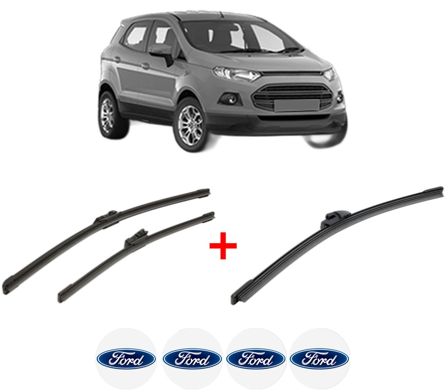 Set 3 stergatoare FORD ECOSPORT din 2012 - 2022, pentru parbriz si luneta fata si spate auto, Bosch Aerotwin, din cauciuc siliconat rezistent, 4 Stickere Auto FORD