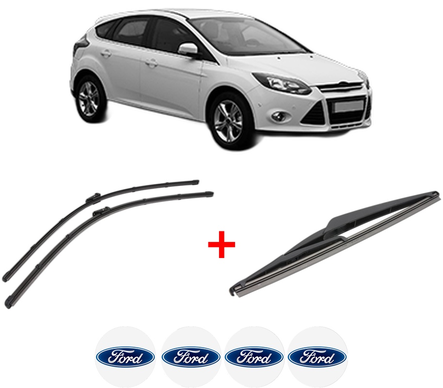 Set 3 stergatoare FORD FOCUS III Hatchback Van din 2011 - 2020, pentru parbriz si luneta fata si spate auto, Valeo Silencio, din cauciuc siliconat rezistent, 4 Stickere Auto FORD