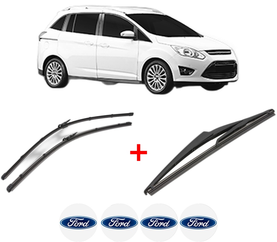 Set 3 stergatoare FORD GRAND C-MAX Van din 2010 - 2019, pentru parbriz si luneta fata si spate auto, Valeo Silencio, din cauciuc siliconat rezistent, 4 Stickere Auto FORD