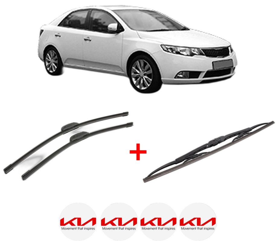Set 3 stergatoare KIA CERATO II Saloon (TD) din 2009 - 2014, pentru parbriz si luneta fata si spate auto, Bosch Twin, din cauciuc siliconat rezistent, 4 Stickere Auto KIA