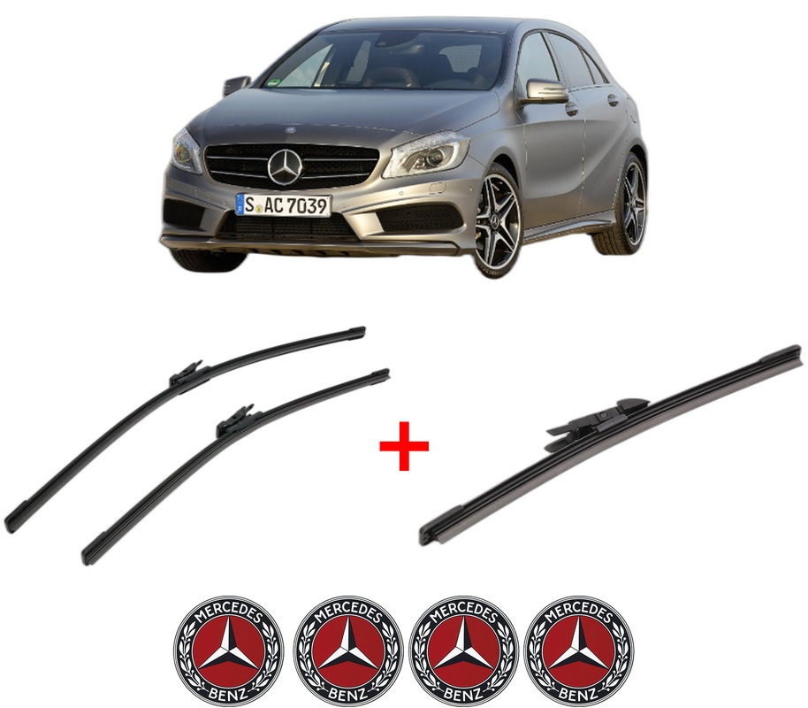 Set 3 stergatoare MERCEDES-BENZ A-CLASS (W176) din 2012 - 2018, pentru parbriz si luneta fata si spate auto, Bosch Aerotwin, din cauciuc siliconat rezistent, 4 Stickere Auto MERCEDES-BENZ