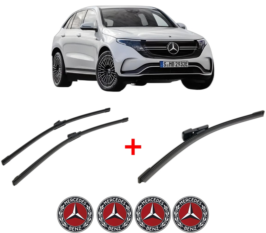 Set 3 stergatoare MERCEDES-BENZ EQC (N293) din 2019 - 2023, pentru parbriz si luneta fata si spate auto, Bosch Aerotwin, din cauciuc siliconat rezistent, 4 Stickere Auto MERCEDES-BENZ