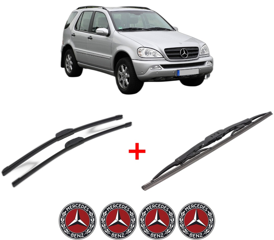 Set 3 stergatoare MERCEDES-BENZ M-CLASS (W163) din 1998 - 2005, pentru parbriz si luneta fata si spate auto, Bosch Twin, din cauciuc siliconat rezistent, 4 Stickere Auto MERCEDES-BENZ