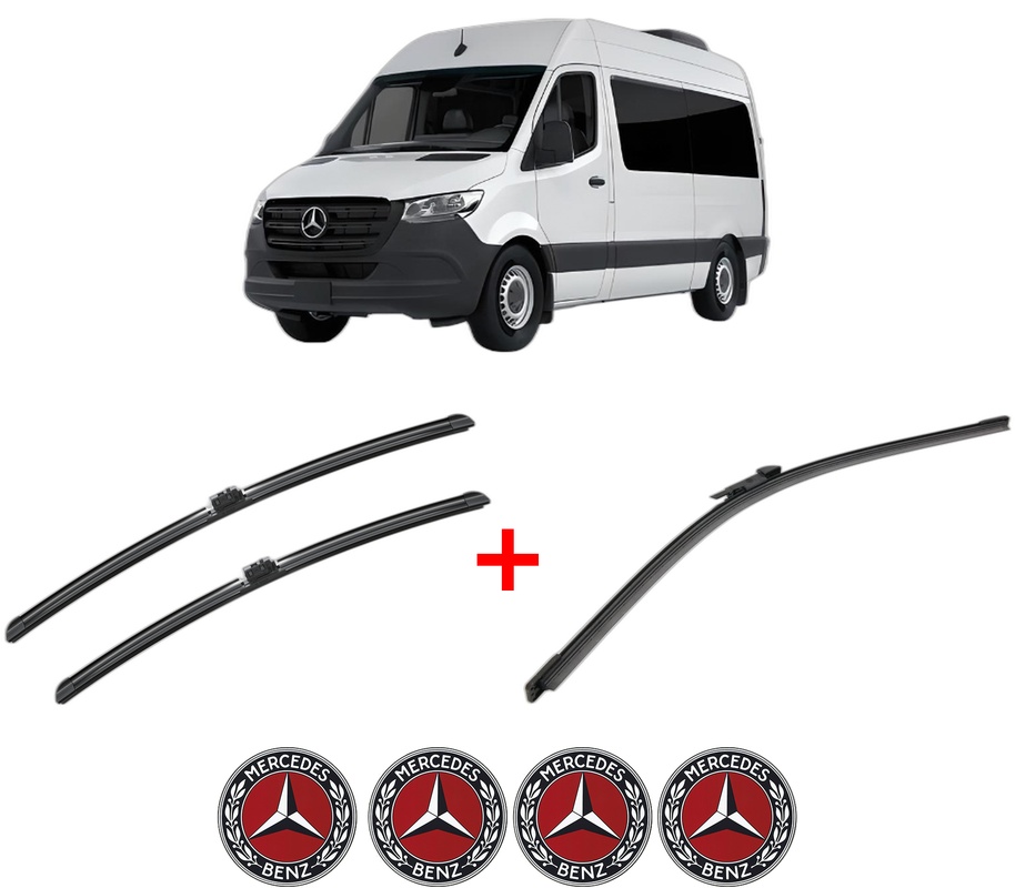 Set 3 stergatoare MERCEDES-BENZ SPRINTER 3,5-t Tourer Bus (B907) din 2018 - 2021, pentru parbriz si luneta fata si spate auto, Bosch Aerotwin, din cauciuc siliconat rezistent, 4 Stickere Auto MERCEDES-BENZ