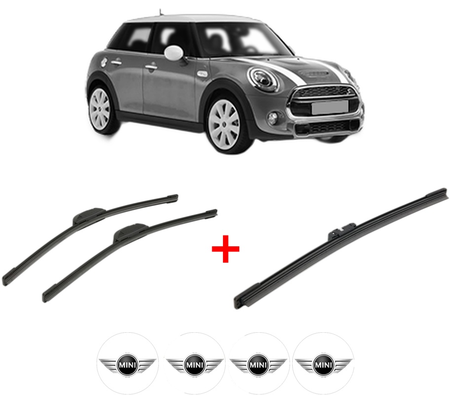 Set 3 stergatoare MINI MINI (F55) din 2013 - 2017, pentru parbriz si luneta fata si spate auto, Bosch Aerotwin, din cauciuc siliconat rezistent, 4 Stickere Auto MINI