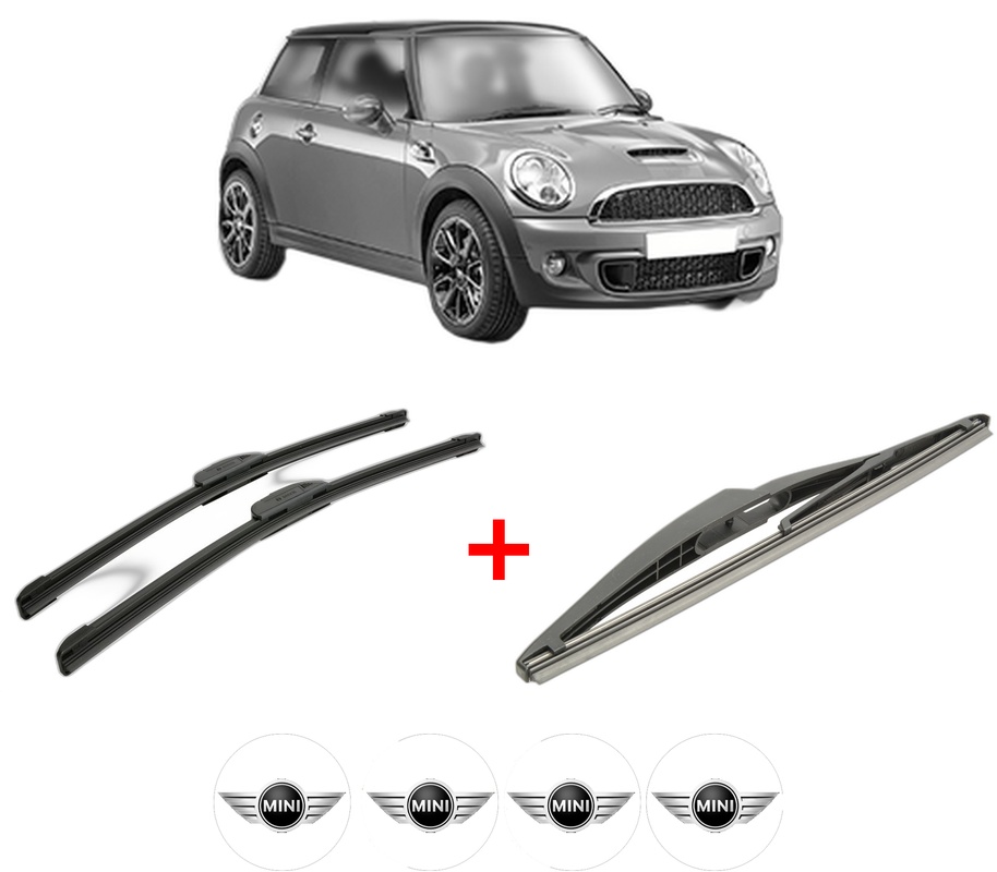 Set 3 stergatoare MINI MINI (R56) din 2006 - 2013, pentru parbriz si luneta fata si spate auto, Bosch Twin, din cauciuc siliconat rezistent, 4 Stickere Auto MINI