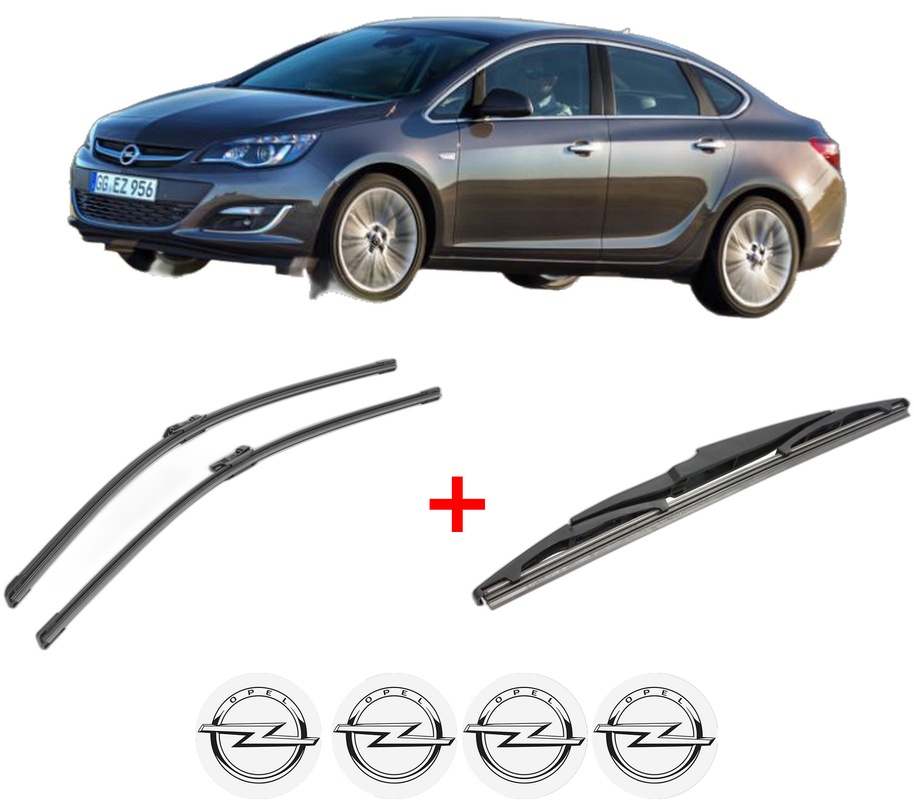 Set 3 stergatoare OPEL ASTRA J Saloon din 2012 - 2015, pentru parbriz si luneta fata si spate auto, Bosch Twin, din cauciuc siliconat rezistent, 4 Stickere Auto OPEL