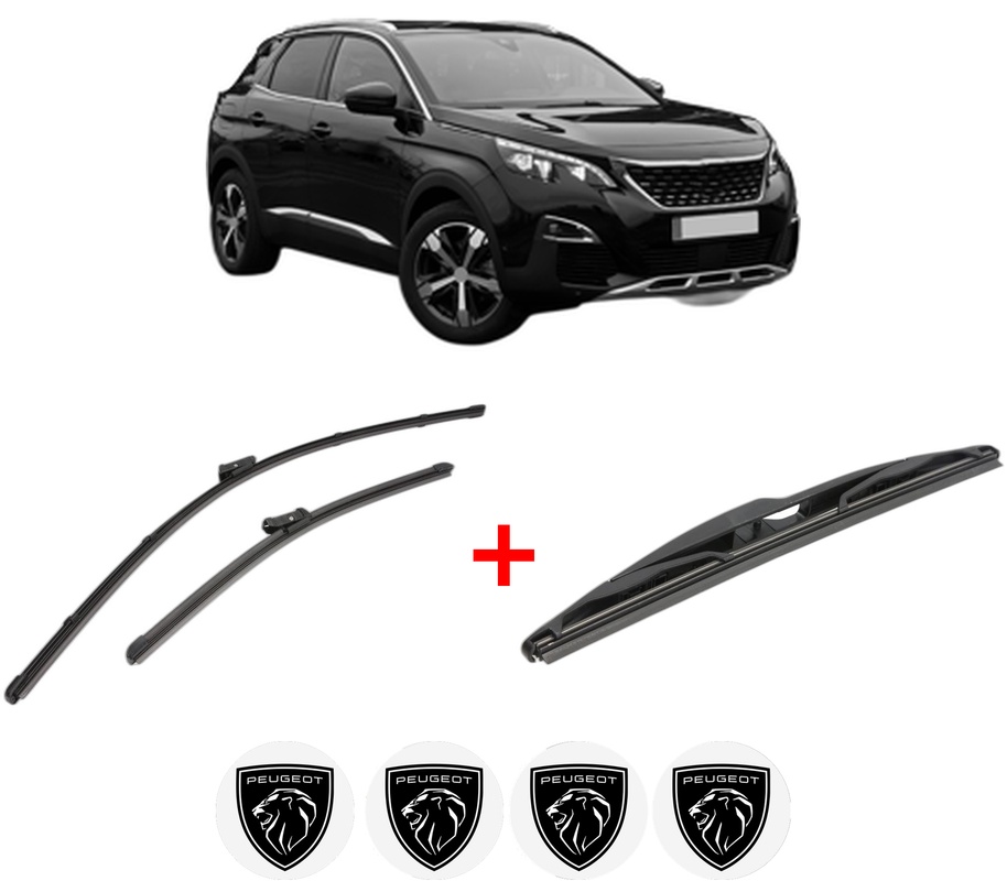 Set 3 stergatoare PEUGEOT 3008 II SUV (MC_, MR_, MJ_, M4_) din 2016 - 2023, pentru parbriz si luneta fata si spate auto, Valeo Silencio, din cauciuc siliconat rezistent, 4 Stickere Auto PEUGEOT