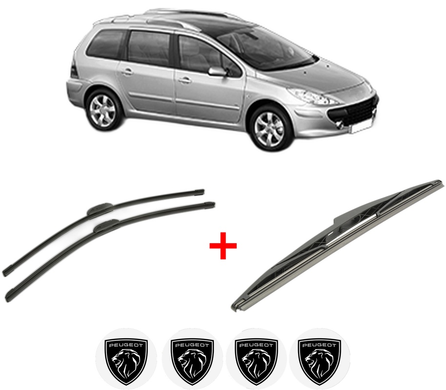 Set 3 stergatoare PEUGEOT 307 SW (3H) din 2002 - 2009, pentru parbriz si luneta fata si spate auto, Bosch Twin, din cauciuc siliconat rezistent, 4 Stickere Auto PEUGEOT